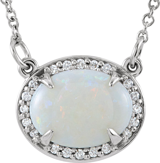 14K Gold Oval Natural White Opal & Natural Diamond Halo-Style Necklace - White Gold