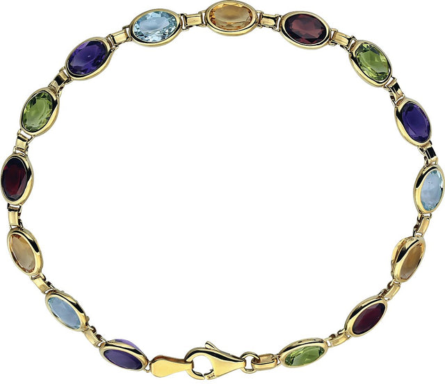14K Gold Oval Natural Multi-Gemstone Line Bracelet