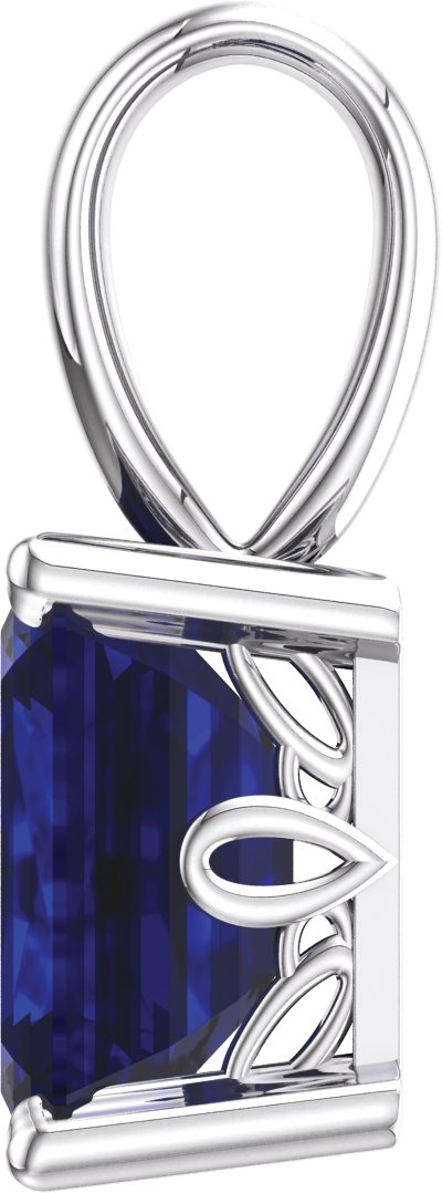 14K Gold Lab-Grown Blue Sapphire Emerald Scroll Setting Pendant - White Gold - view 2