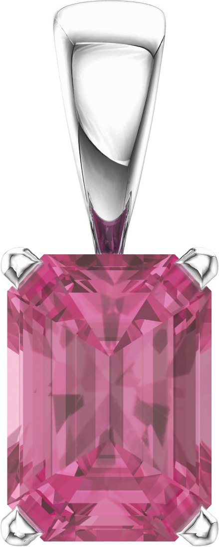 14K Gold Natural Pink Tourmaline Emerald Scroll Setting Pendant - White Gold