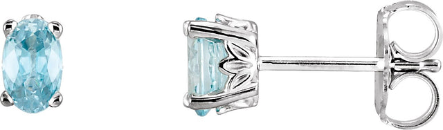 14K Gold Natural Blue Zircon Oval 4-Prong Scroll Setting Stud Earrings - White Gold