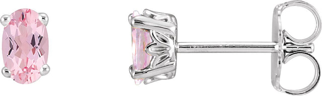14K Gold Natural Pink Morganite Oval 4-Prong Scroll Setting Stud Earrings - White Gold