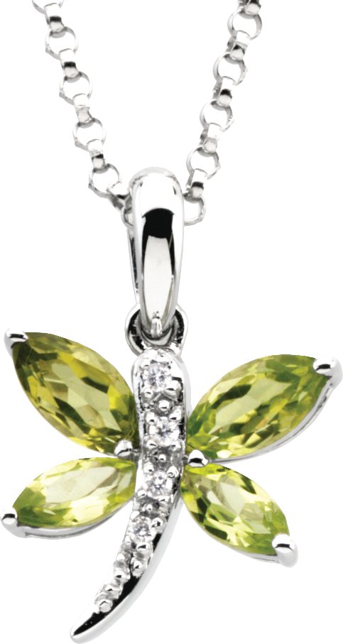 14K Gold Marquise Natural Peridot & Natural Diamond Accented Dragonfly Necklace