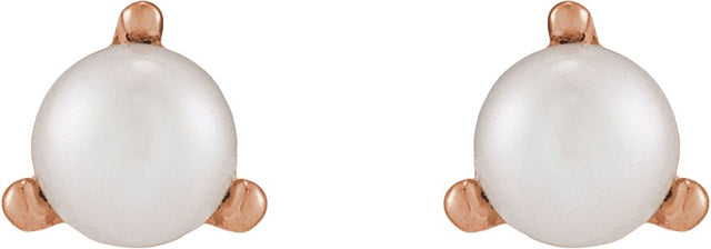 14K Gold Cultured White Seed Pearl Seed Pearl 3-Prong Stud Earrings - Rose Gold