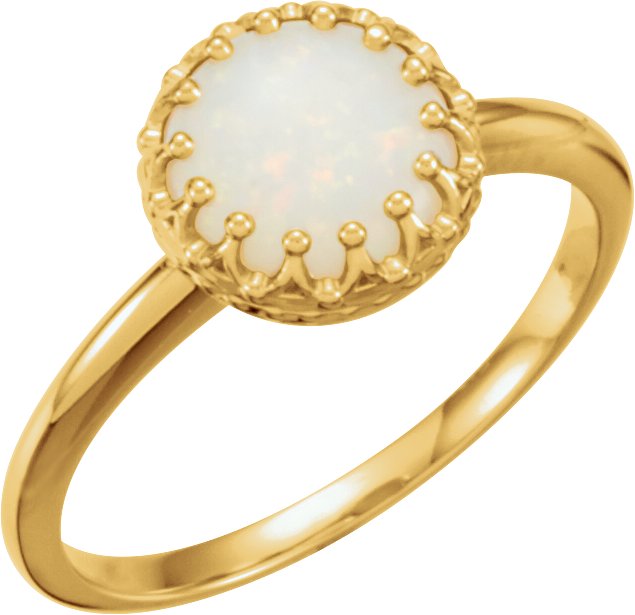 14K Gold Round Natural White Opal Crown Cabochon Ring - Yellow Gold