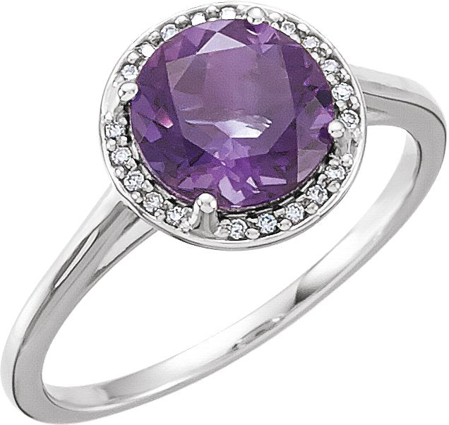 14K Gold Round Natural Amethyst & Natural Diamond Halo-Style Ring - White Gold