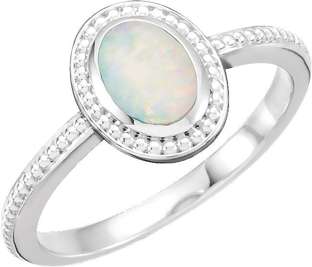 14K Gold Oval Natural White Opal Beaded Cabochon Ring - White Gold