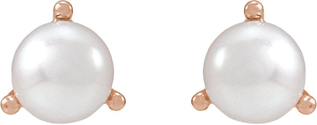 14K Gold Cultured White Seed Pearl Seed Pearl 3-Prong Stud Earrings - Rose Gold