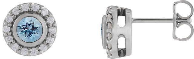 Platinum Round Lab-Grown Aqua Sapphire & Natural Diamond Bezel-Set Halo-Style Stud Earrings