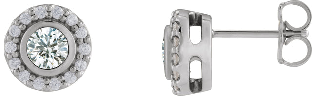 Platinum Round Lab-Grown Moissanite & Natural Diamond Bezel-Set Halo-Style Stud Earrings