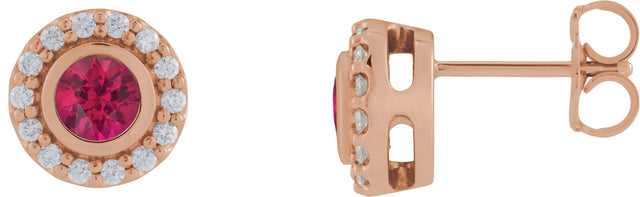 14K Gold Round Lab-Grown Ruby & Natural Diamond Bezel-Set Halo-Style Stud Earrings - Rose Gold