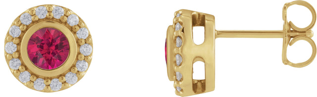 14K Gold Round Lab-Grown Ruby & Natural Diamond Bezel-Set Halo-Style Stud Earrings - Yellow Gold