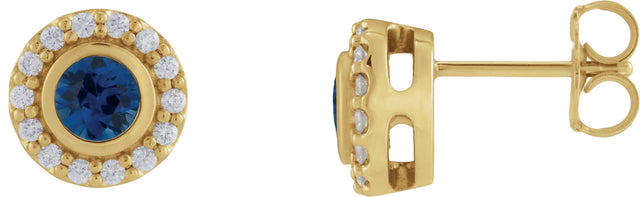 14K Gold Round Lab-Grown Blue Sapphire & Natural Diamond Bezel-Set Halo-Style Stud Earrings - Yellow Gold