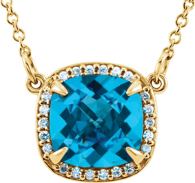 14K Gold Cushion Natural Swiss Blue Topaz & Natural Diamond Halo-Style Necklace – 8x8mm - Yellow Gold