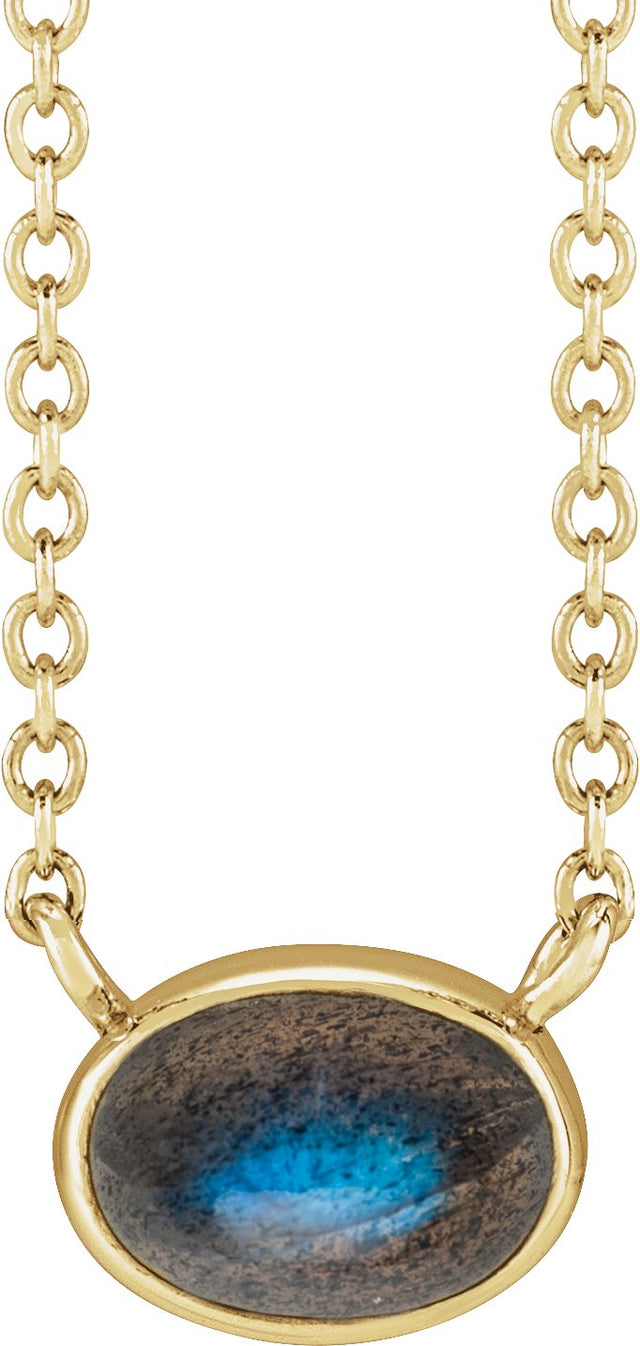 14K Gold Oval Natural Labradorite Bezel-Set Cabochon Necklace - Yellow Gold