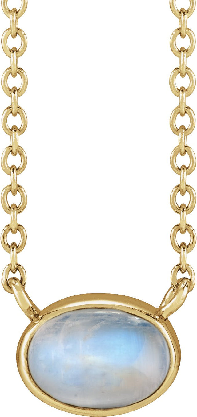 14K Gold Oval Natural Rainbow Moonstone Bezel-Set Cabochon Necklace - Yellow Gold
