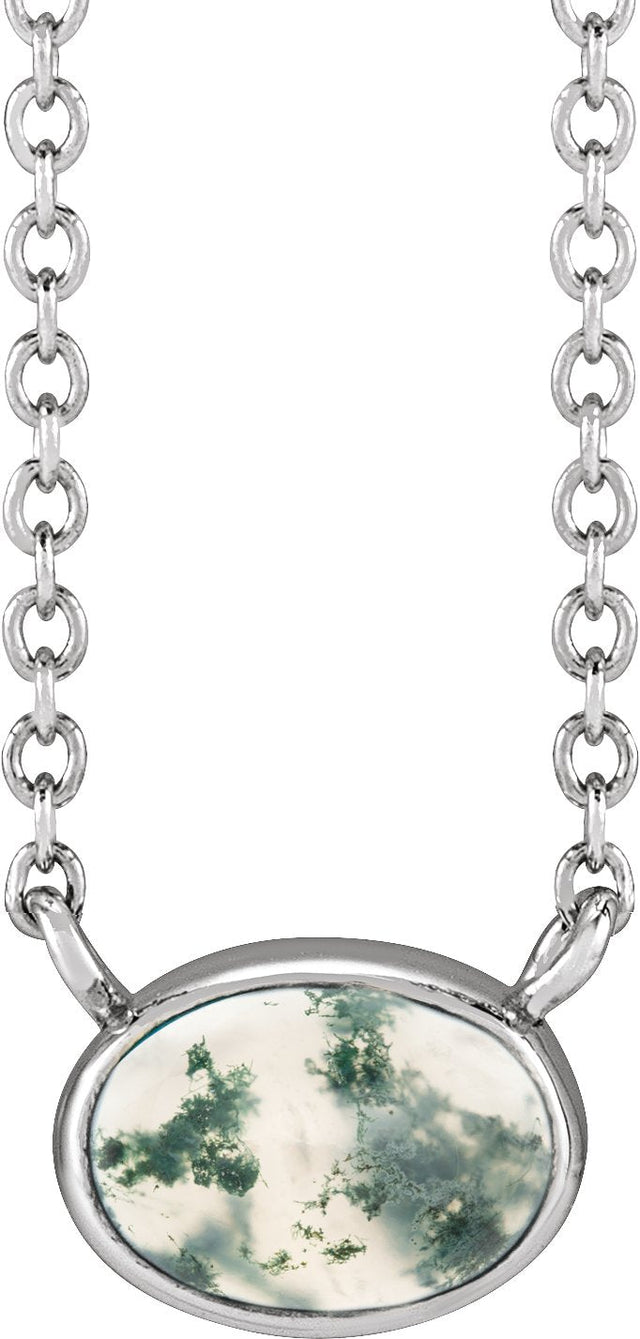 Platinum Oval Natural Moss Agate Bezel-Set Cabochon Necklace