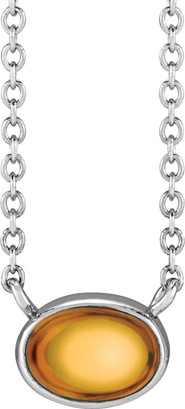 14K Gold Oval Natural Citrine Bezel-Set Cabochon Necklace - White Gold