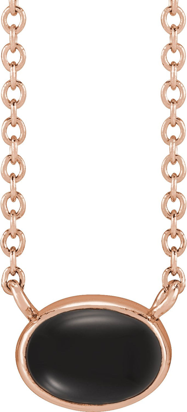 14K Gold Oval Natural Black Onyx Bezel-Set Cabochon Necklace - Rose Gold