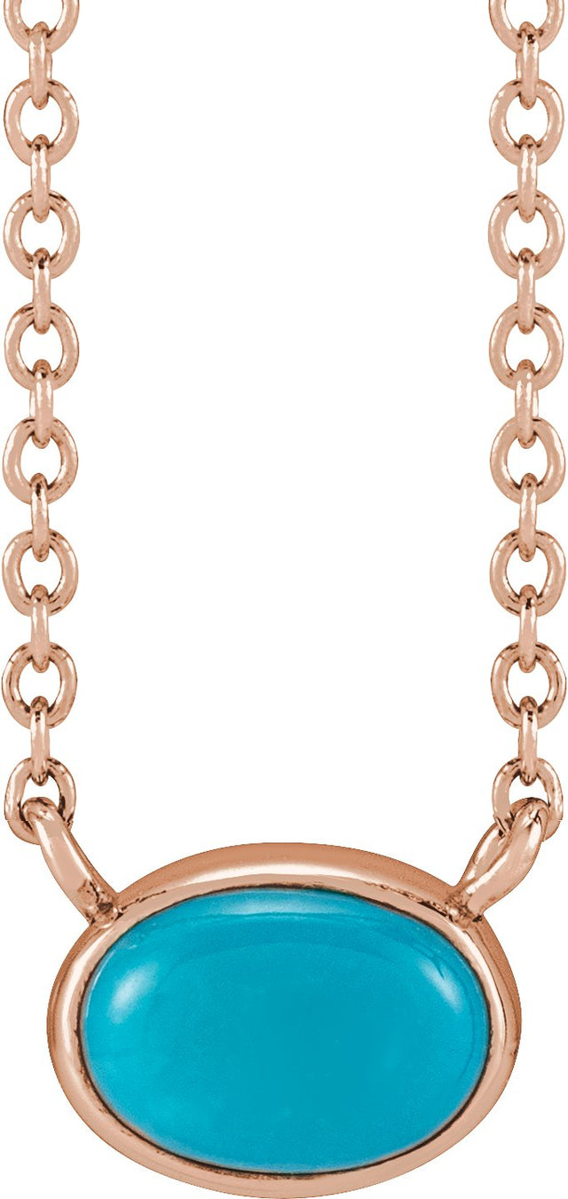 14K Gold Oval Natural Turquoise Bezel-Set Cabochon Necklace - Rose Gold