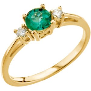 14K Gold Round Natural Emerald & Natural Diamond Accented Ring