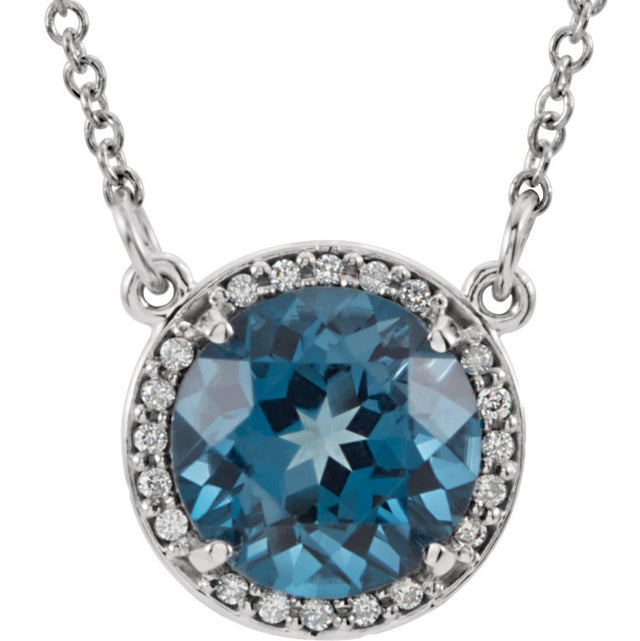 14K Gold Round Natural London Blue Topaz & Natural Diamond Halo-Style Necklace – 6-8mm Stones - White Gold
