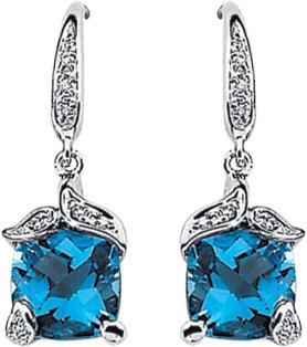 14K Gold Elongated Cushion Natural Swiss Blue Topaz & Natural Diamond Accented Earrings – 7x5mm
