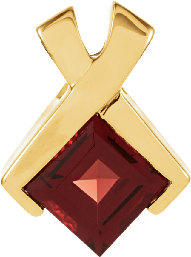 14K Gold Square Natural Mozambique Garnet Criss-Cross Solitaire Pendant