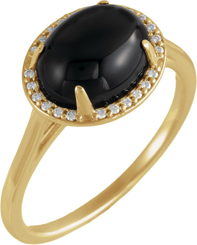 14K Gold Oval Natural Black Onyx & Natural Diamond Halo-Style Ring - Yellow Gold