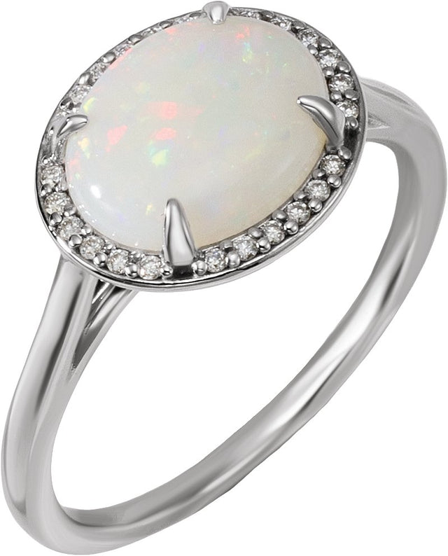 14K Gold Oval Natural White Opal & Natural Diamond Halo-Style Ring - White Gold