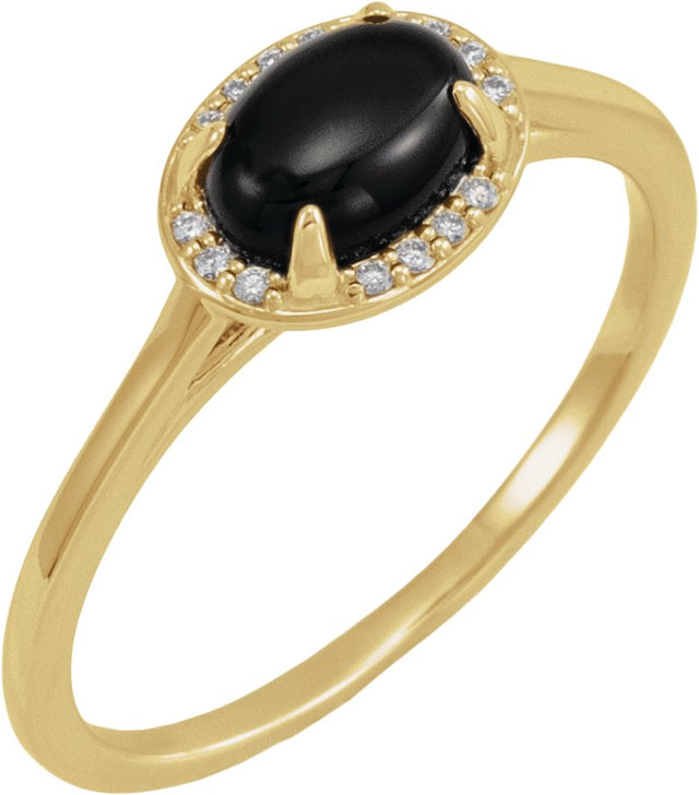 14K Gold Oval Natural Black Onyx & Natural Diamond Halo-Style Ring - Yellow Gold