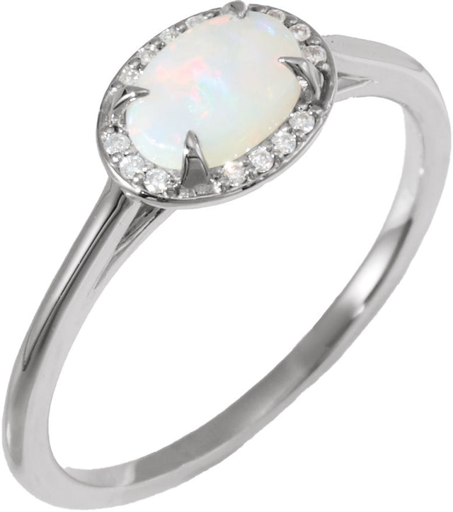 14K Gold Oval Natural White Opal & Natural Diamond Halo-Style Ring - White Gold
