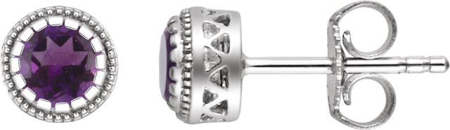 14K Gold Round Natural Amethyst Milgrain Bezel-Set Birthstone Stud Earrings - White Gold