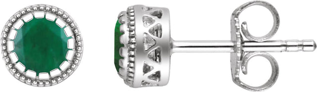 14K Gold Round Natural Emerald Milgrain Bezel-Set Birthstone Stud Earrings - White Gold
