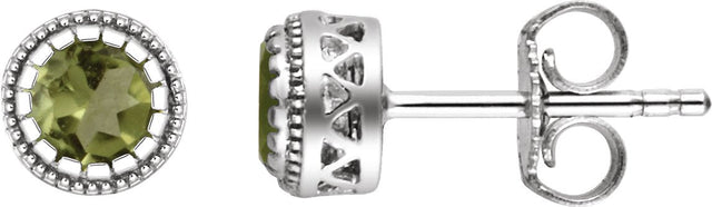 14K Gold Round Natural Peridot Milgrain Bezel-Set Birthstone Stud Earrings - White Gold