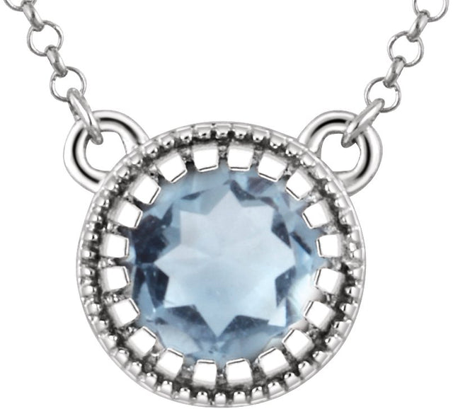 14K Gold Natural Aquamarine Milgrain Bezel-Set Birthstone Necklace - White Gold