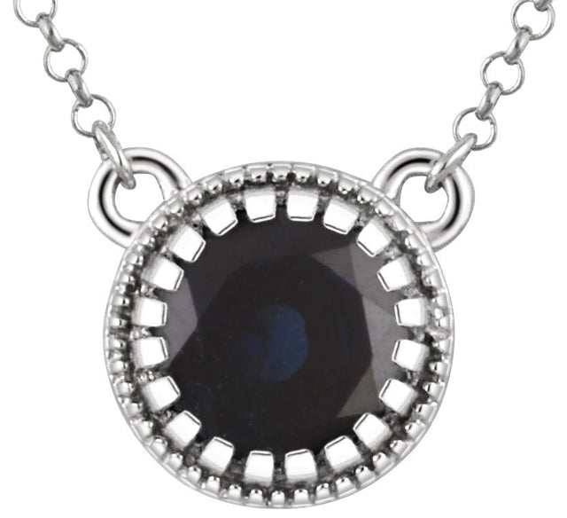 14K Gold Natural Blue Sapphire Milgrain Bezel-Set Birthstone Necklace - White Gold