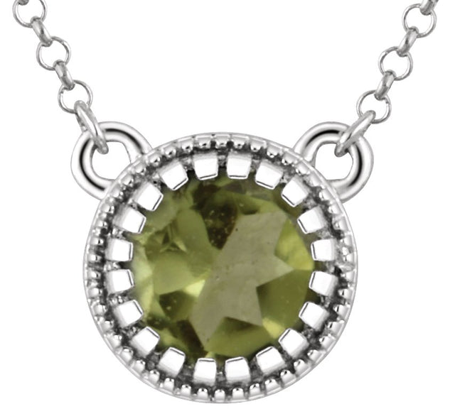 14K Gold Natural Peridot Milgrain Bezel-Set Birthstone Necklace - White Gold