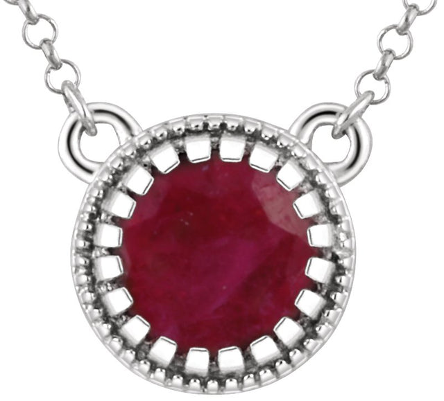 14K Gold Natural Ruby Milgrain Bezel-Set Birthstone Necklace - White Gold