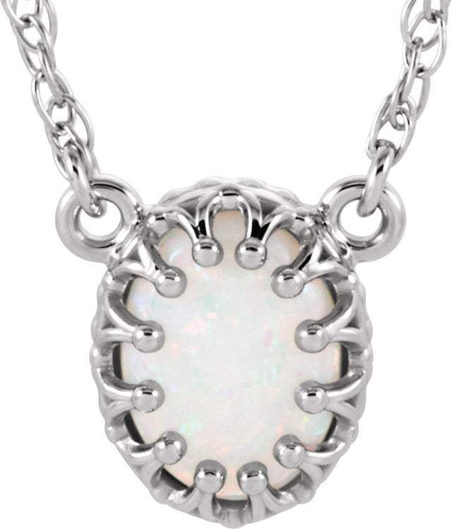 14K Gold Oval Natural White Opal Cabochon Crown Necklace - White Gold