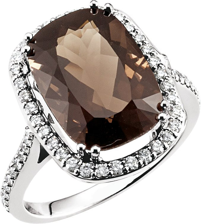 14K Gold Elongated Cushion Natural Smoky Quartz & Natural Diamond Halo-Style Ring