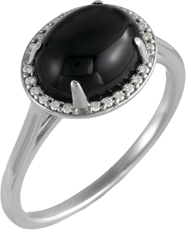 14K Gold Oval Natural Black Onyx & Natural Diamond Halo-Style Ring - White Gold