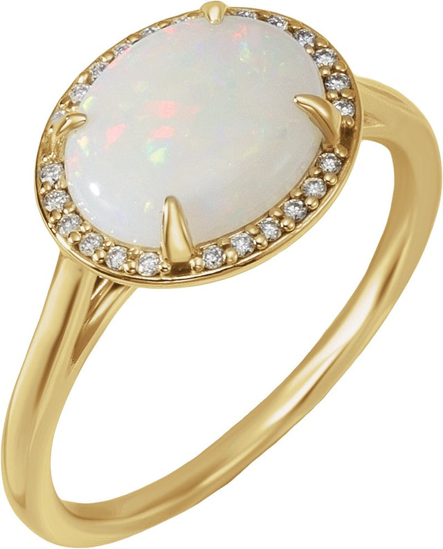 14K Gold Oval Natural White Opal & Natural Diamond Halo-Style Ring - Yellow Gold