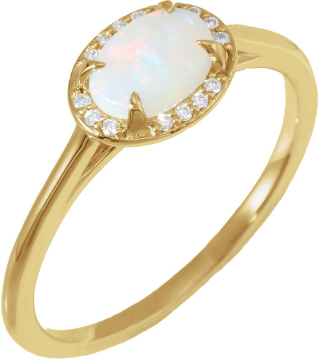 14K Gold Oval Natural White Opal & Natural Diamond Halo-Style Ring - Yellow Gold