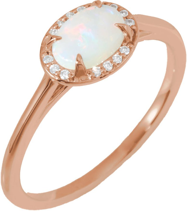14K Gold Oval Natural White Opal & Natural Diamond Halo-Style Ring - Rose Gold