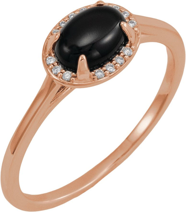 14K Gold Oval Natural Black Onyx & Natural Diamond Halo-Style Ring - Rose Gold