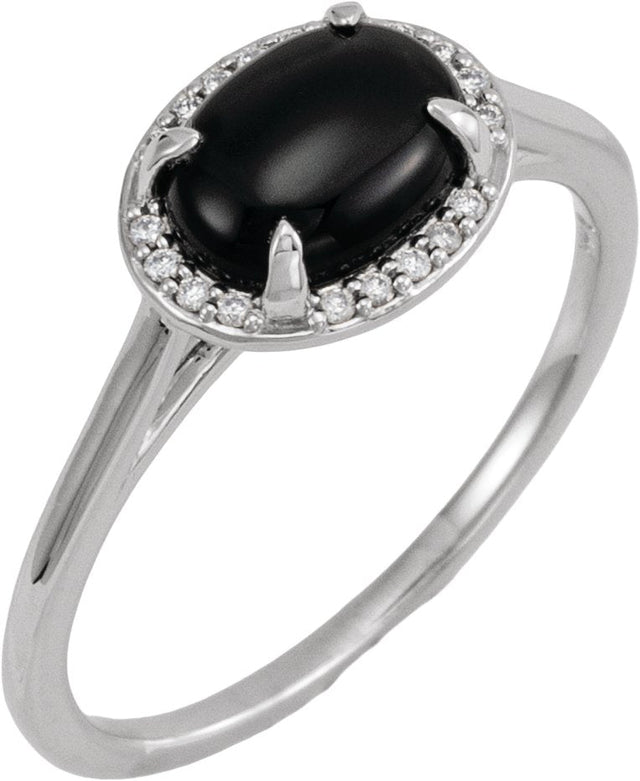14K Gold Oval Natural Black Onyx & Natural Diamond Halo-Style Ring - White Gold