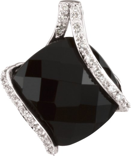 14K Gold Cushion Natural Black Onyx & Natural Diamond Accented Pendant