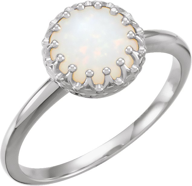 14K Gold Round Natural White Opal Crown Cabochon Ring - White Gold