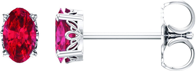 14K Gold Lab-Grown Ruby Oval 4-Prong Scroll Setting Stud Earrings - White Gold